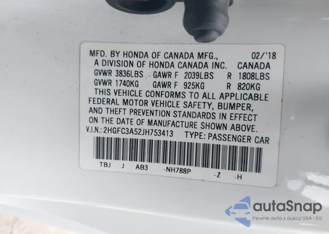 2018 Honda Civic Si z USA, uszkodzony, nr VIN 2HGFC3A52JH753413